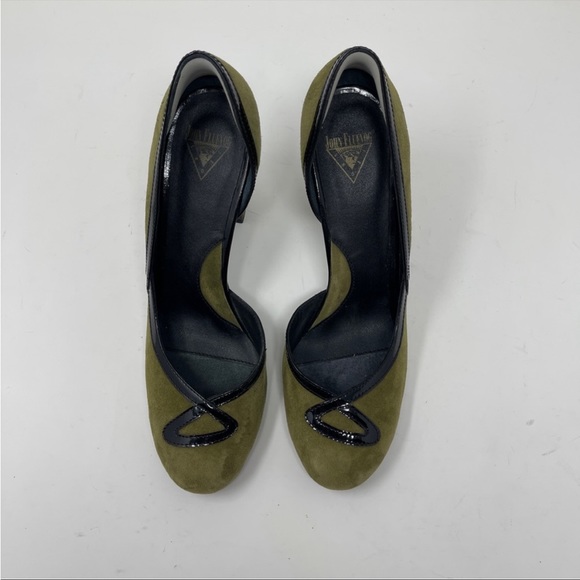 John Fluevog Miracles Cana Olive Green Suede Pumps Black Patent Details Size 9 - Picture 2 of 10